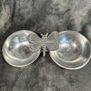 Pewter Double‎ Bowl Dish Dragonfly Accent Condiment Nut Snack Server India